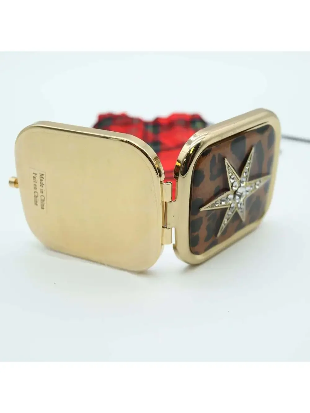 Avon Leopard Print Compact Mirror Rhinestone Star Gold Tone w Plaid Pouch
